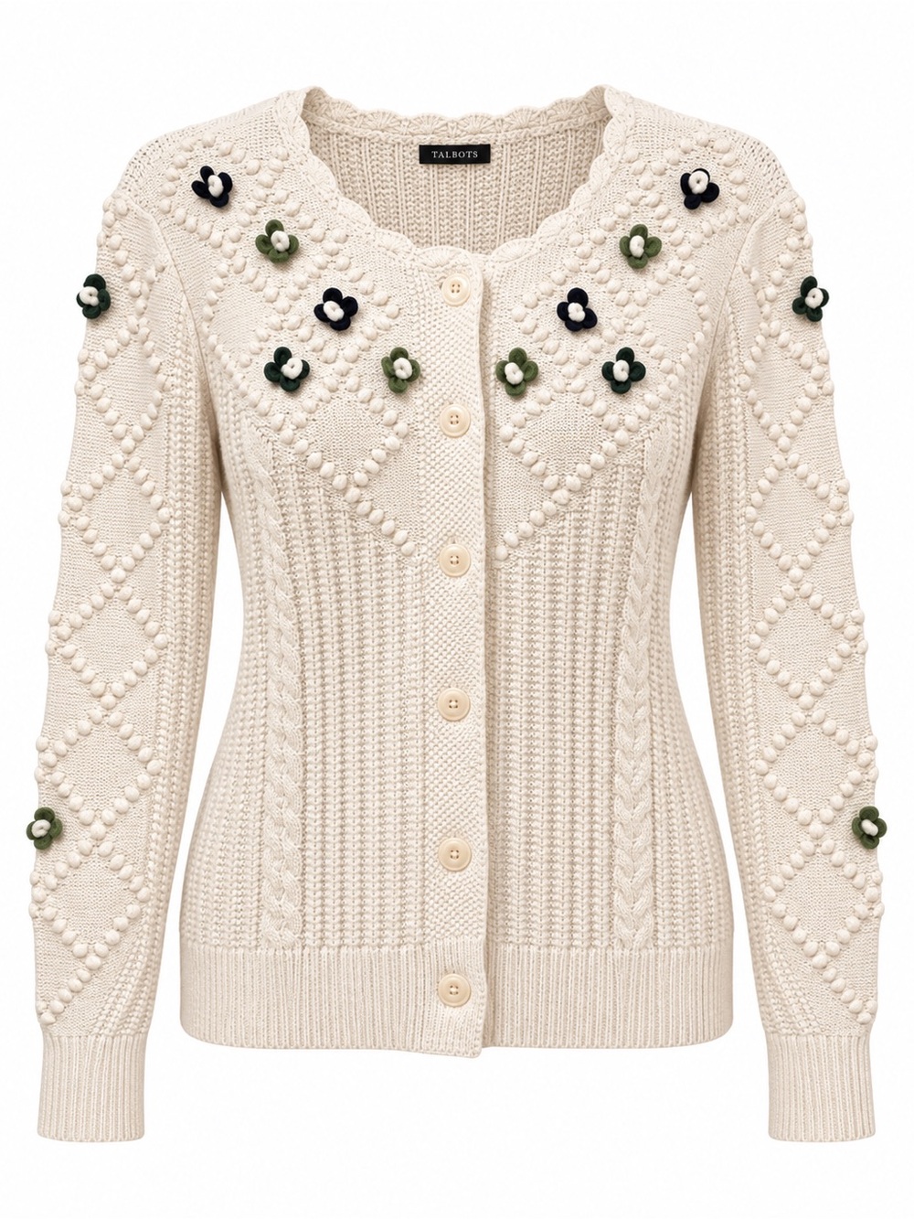 Talbots Merry Floral Mixed Stitch 3D Floral Cable Knit Cardigan Ivory Size XL